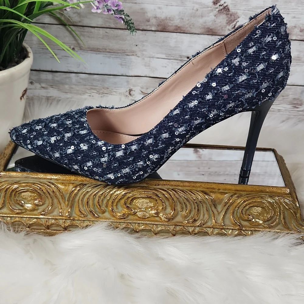 Unilady, Women's Chic Navy Blue Sequin Pointed Toe Heels byCall It Sprg, Sz 8.5 - Picture 2 of 12